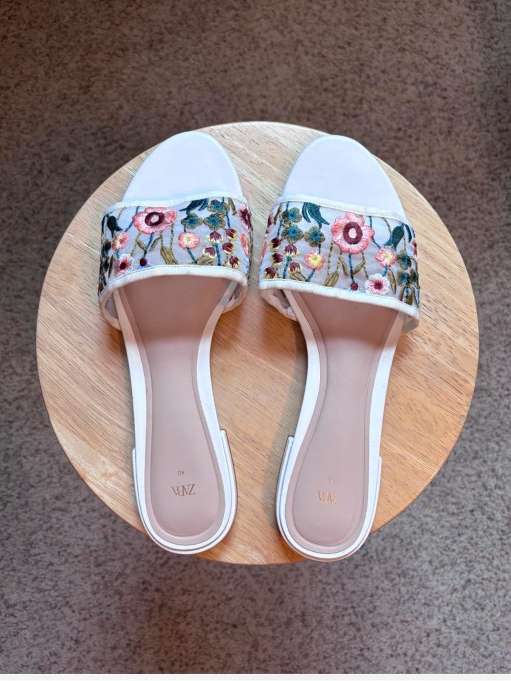 Zara White Slides with Multicolor Floral Embroidery
